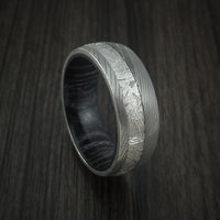Damascus Steel Ring with Gibeon Meteorite and Hardwood Sleeve Custom Made Band