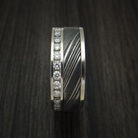 14K White Gold and Diamond Eternity Ring with Kuro Damascus Steel and Anodized Titanium Sleeve Custom Made Band