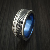 14K White Gold and Diamond Eternity Ring with Kuro Damascus Steel and Anodized Titanium Sleeve Custom Made Band