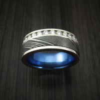 14K White Gold and Diamond Eternity Ring with Kuro Damascus Steel and Anodized Titanium Sleeve Custom Made Band