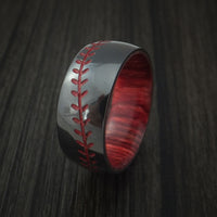 Black Zirconium Baseball Stitch Ring with Custom Color and Hardwood Sleeve