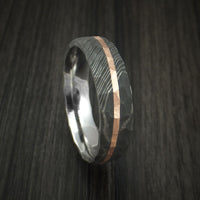 Damascus Steel Rock Hammered Ring with Angled 14k Rose Gold Inlay Custom Band