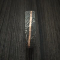 Damascus Steel Rock Hammered Ring with Angled 14k Rose Gold Inlay Custom Band