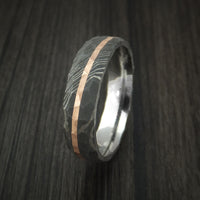Damascus Steel Rock Hammered Ring with Angled 14k Rose Gold Inlay Custom Band