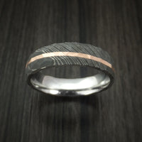 Damascus Steel Rock Hammered Ring with Angled 14k Rose Gold Inlay Custom Band