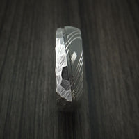 Damascus Steel Ring with Hammer Rock Finish Two Tone Custom Band