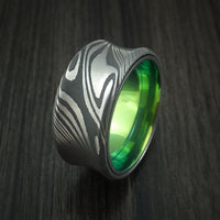 Damascus Steel Concave Ring with Green Anodized Titanium Sleeve Custom Made Band