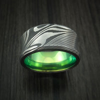 Damascus Steel Concave Ring with Green Anodized Titanium Sleeve Custom Made Band