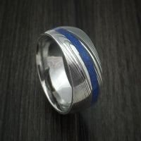 Damascus Steel Ring with Angled Lapis Inlay Custom Made Band