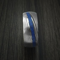 Damascus Steel Ring with Angled Lapis Inlay Custom Made Band