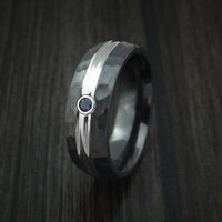 Black Zirconium Ring with Sapphire and Hammer Finish Custom Made Band