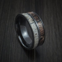 Black Zirconium Ring with King's Camo Woodland Shadow and Antler Inlays Custom Made Band