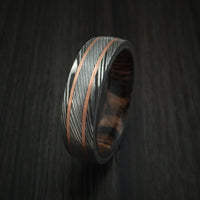 Damascus Steel Ring with Copper Inlays and Hardwood Sleeve