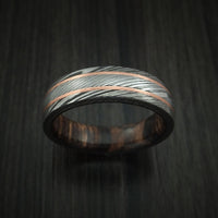 Damascus Steel Ring with Copper Inlays and Hardwood Sleeve