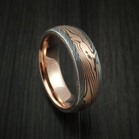 Damascus Steel Ring with Rose Gold Mokume and Rose Gold Sleeve Custom Made Band