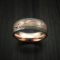 Damascus Steel Ring with Rose Gold Mokume and Rose Gold Sleeve Custom Made Band