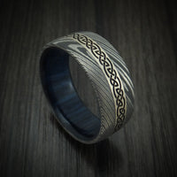 Damascus Steel Celtic Ring With 14K White Gold Inlay And Hardwood Sleeve Custom Made Band