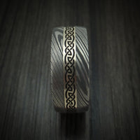 Damascus Steel Celtic Ring With 14K White Gold Inlay And Hardwood Sleeve Custom Made Band