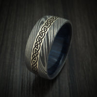 Damascus Steel Celtic Ring With 14K White Gold Inlay And Hardwood Sleeve Custom Made Band