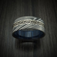 Damascus Steel Celtic Ring With 14K White Gold Inlay And Hardwood Sleeve Custom Made Band
