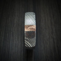 Damascus Steel and Gold Ring with Feather Texture Custom Made Band