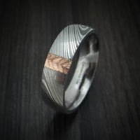 Damascus Steel and Gold Ring with Feather Texture Custom Made Band