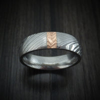 Damascus Steel and Gold Ring with Feather Texture Custom Made Band