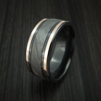 Black Titanium and Gibeon Meteorite Men's Ring with 14K Rose Gold Inlays Custom Made Band