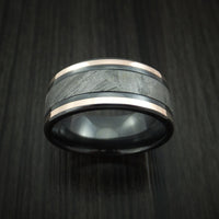 Black Titanium and Gibeon Meteorite Men's Ring with 14K Rose Gold Inlays Custom Made Band