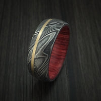 Kuro Damascus Steel Ring with 14K Yellow Gold Inlay and Hardwood Sleeve Custom Made Wood Band