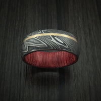 Kuro Damascus Steel Ring with 14K Yellow Gold Inlay and Hardwood Sleeve Custom Made Wood Band