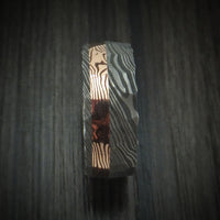 Damascus Steel And 14K Rose Gold Mokume Shakudo Rock Hammered Band Custom Made