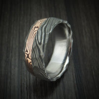 Damascus Steel And 14K Rose Gold Mokume Shakudo Rock Hammered Band Custom Made