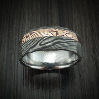 Damascus Steel And 14K Rose Gold Mokume Shakudo Rock Hammered Band Custom Made
