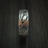 Kuro Damascus Steel Ring with 14k Rose Gold Mokume Vertical Inlay Custom Made Band