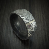 Damascus Steel Hammered Ring with Vertical 14K Gold Inlay and Forged Carbon Fiber Sleeve Custom Made