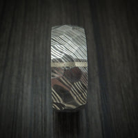 Damascus Steel Hammered Ring with Vertical 14K Gold Inlay and Forged Carbon Fiber Sleeve Custom Made