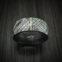 Damascus Steel Hammered Ring with Vertical 14K Gold Inlay and Forged Carbon Fiber Sleeve Custom Made