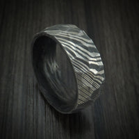 Damascus Steel Hammered Ring with Forged Carbon Fiber Sleeve Custom Made