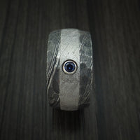 Kuro Damascus Steel and Gibeon Meteorite Hammered Ring with Sapphire set in Gold Custom Made Band
