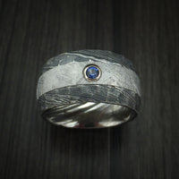 Kuro Damascus Steel and Gibeon Meteorite Hammered Ring with Sapphire set in Gold Custom Made Band