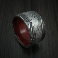 Kuro Damascus Steel Ring with Gibeon Meteorite and Red Heart Hardwood Custom Made Band
