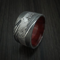 Kuro Damascus Steel Ring with Gibeon Meteorite and Red Heart Hardwood Custom Made Band