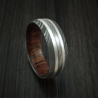 Damascus Steel Ring with Silver Inlays and Koa Hard Wood Sleeve