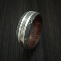 Damascus Steel Ring with Silver Inlays and Koa Hard Wood Sleeve