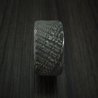 Damascus Steel Tree Bark Carved Ring with Blueberry Hardwood Custom Made Band