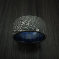 Damascus Steel Tree Bark Carved Ring with Blueberry Hardwood Custom Made Band