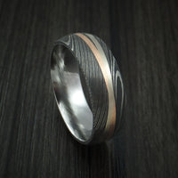 Damascus Steel Ring with Diagonal 14K Rose Gold and White Gold Inlays Wedding Band Custom Made