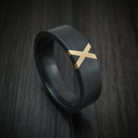 Black Zirconium Ring with X Shaped 14K Gold Inlay Custom Made