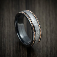 Black Titanium or Black Zirconium Custom Men's Ring with Gibeon Meteorite and 14K Gold Braid Inlays